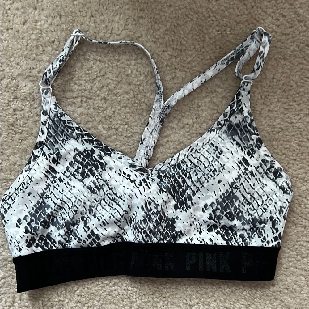 PINK ultimate sports bra Black and White Snake Print